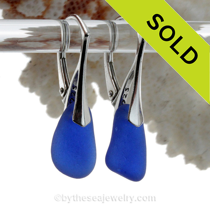 Longer  Cobalt Blue Sea Glass on Solid Sterling Silver Deluxe Dangly Leverbacks