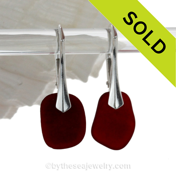 Deep Love - Deep Ruby RedSea Glass on Solid Silver Deluxe Dangly Leverback Earrings