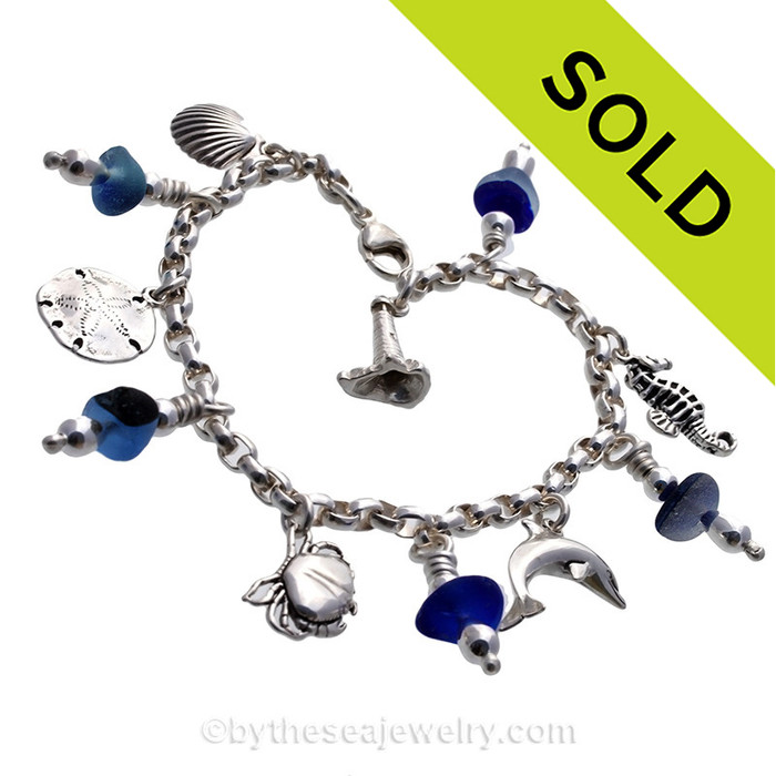 Multie Blue Seaham Sea Glass Charm Bracelet