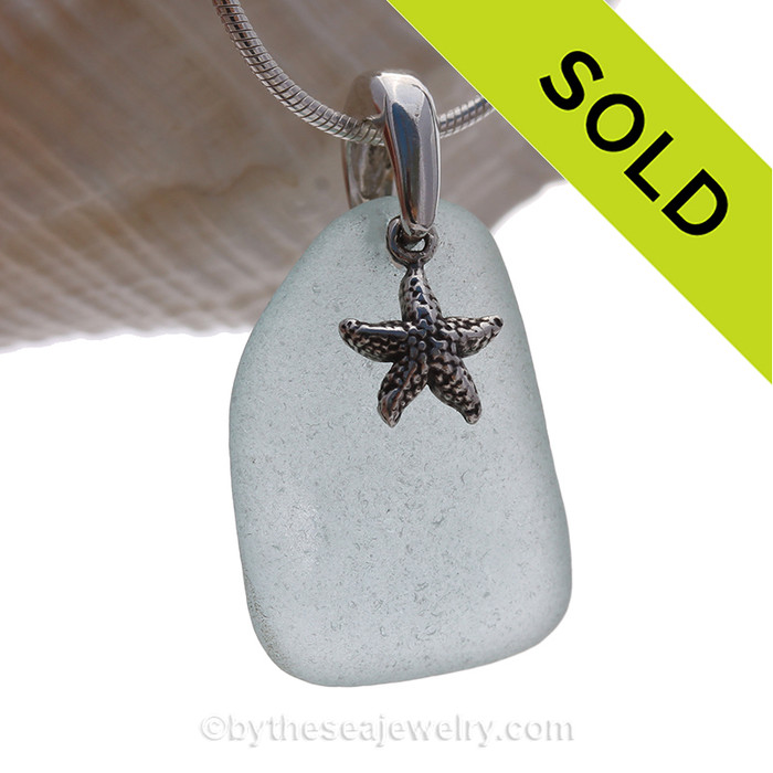 Pale Aqua Blue Sea Glass With Sterling Starfish Charm - S/S CHAIN INCLUDED