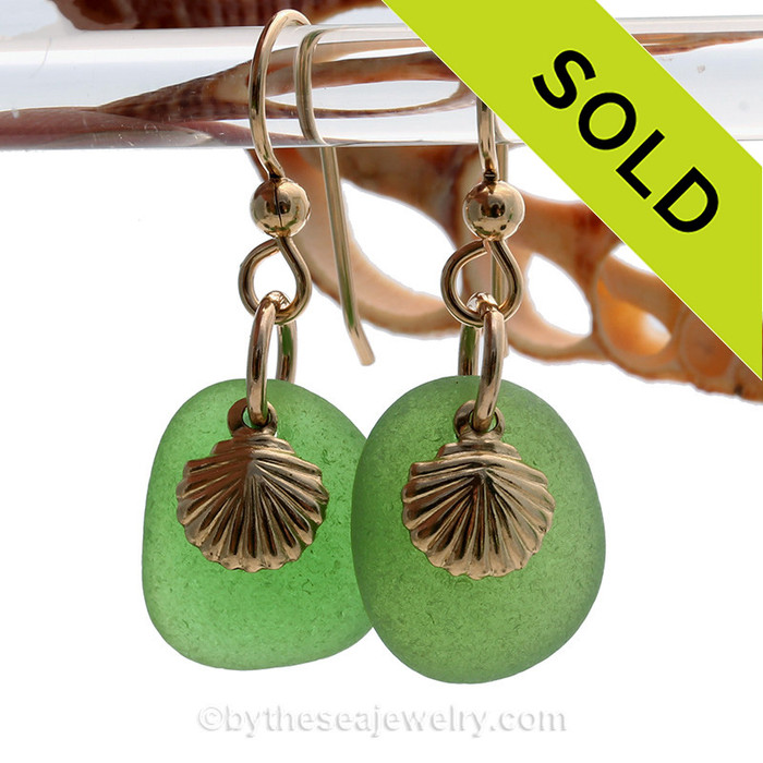 PERFECT Lovely Emerald Green Sea Glass Earrings On Gold With 14K G/F Shells