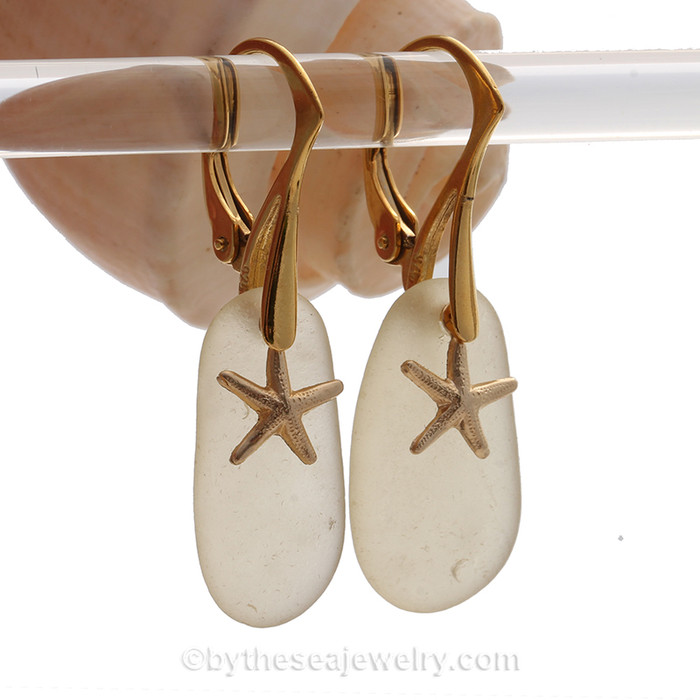 Yellow Sea Glass Earrings with 14K Goldfilled Starfish