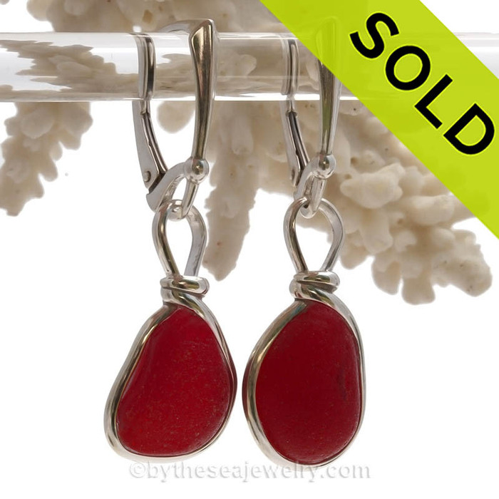Rare Cherry Red Genuine Sea Glass Earrings In Sterling Silver