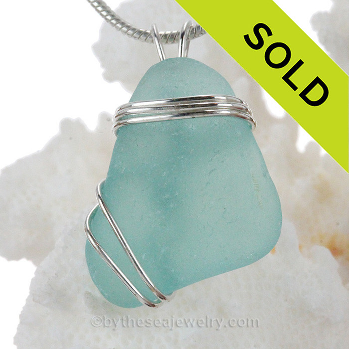 A stunning and LARGE PERFECT Genuine Electric Aqua Sea Glass Pendant set in our secure Triple WIre  setting in Sterling Silver.