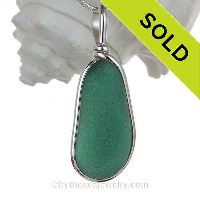 Long Deep Teal Green Genuine Sea Glass Pendant In Sterling Original Wire Bezel Setting© 