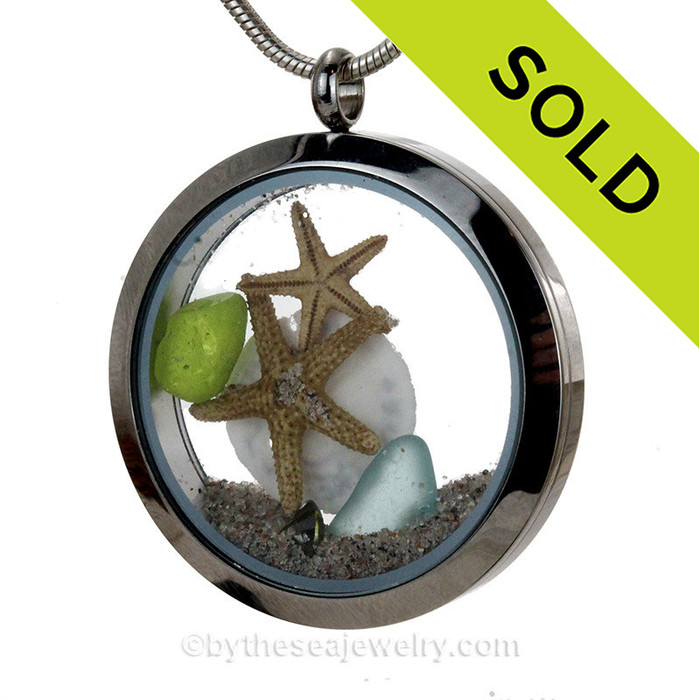 Lime Genuine Sea Glass combined with Real Peridot Gem and baby starfish and real sandollar.. Beach sand makes this your own personal beach on the go!