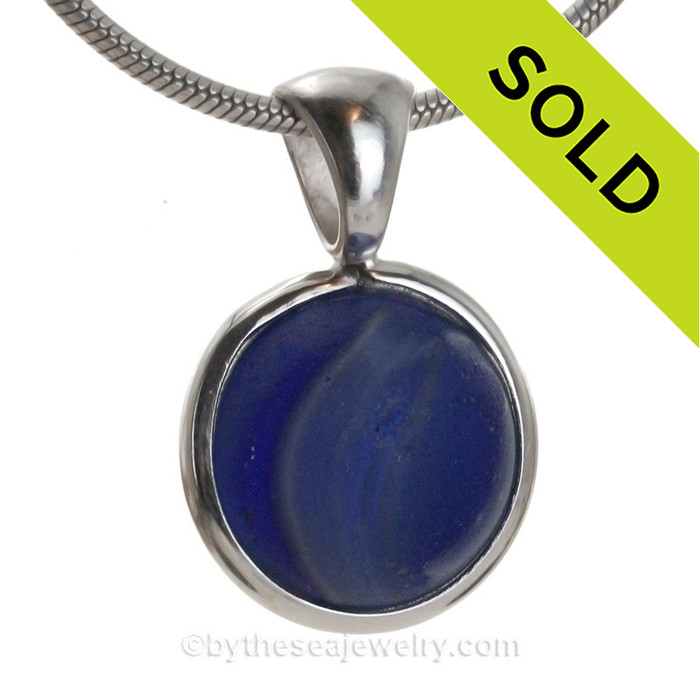 Vivid Blue Beach Found Seaglass Marble In Deluxe Wire Bezel© Necklace Pendant