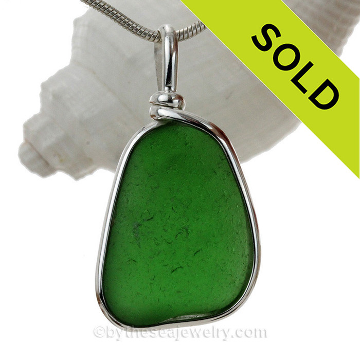 Vivid Bright Green Sea Glass Pendant in Original Wire Bezel© Setting