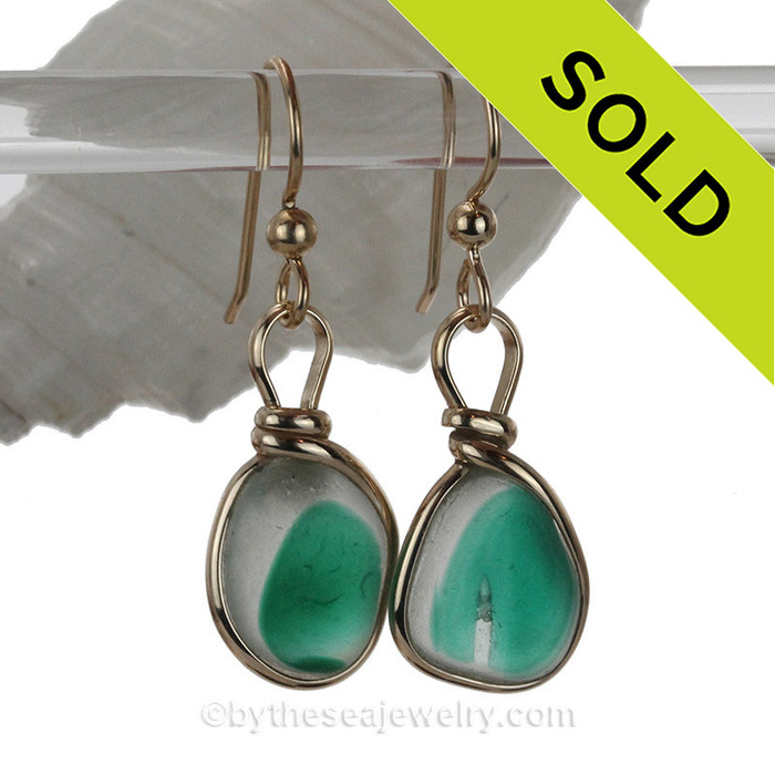 A great and SUPER RARE match in English Multi Sea Glass Earrings in a mixed electric bright aqua set in 14K Goldfilled bezel.