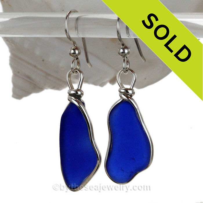 Long Organic Genuine Cobalt Blue Sea Glass Earrings In Sterling Wire Bezel Setting©