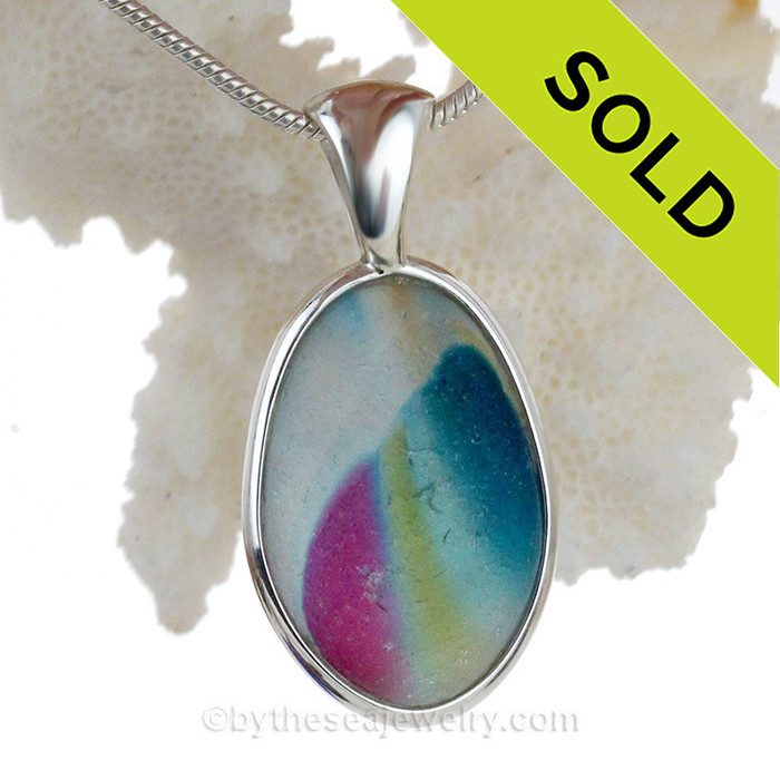 Primary Colors -  SUPER ULTRA ULTRA RARE Pink, Yellow and Blue Multi Sea Glass Pendant In Solid Sterling Deluxe Wire Bezel Setting©