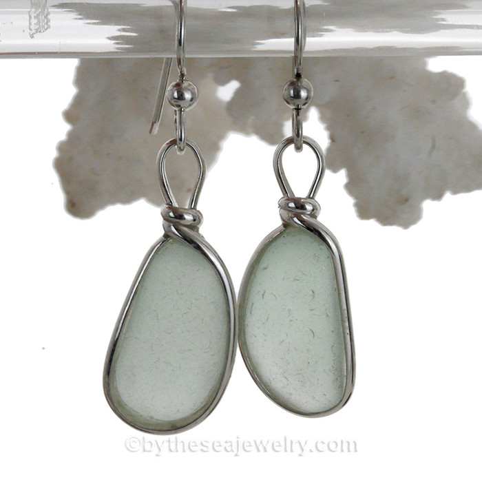 PERFECTLY MATCHED Long Ovals of Seafoam Green Sea Glass Earrings set in our signature Original Wire Bezel© setting in silver.