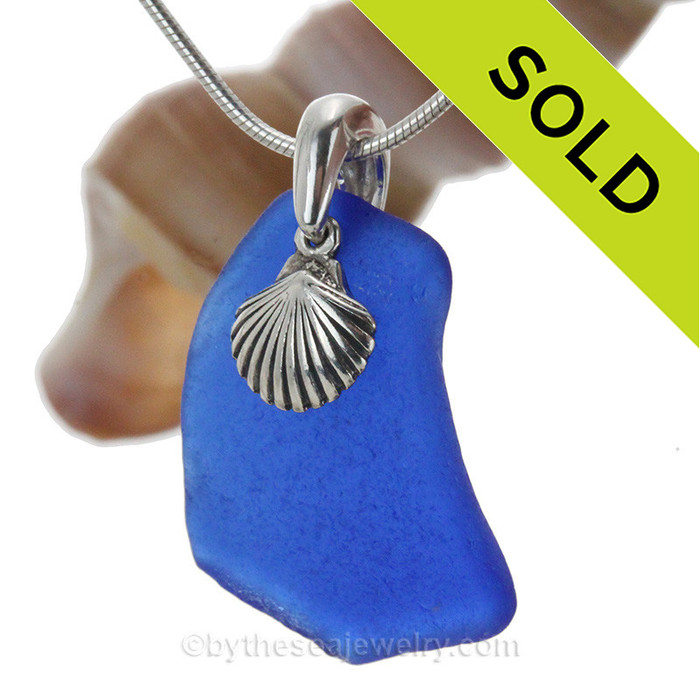 Blue Sea Glass Necklace with Sterling Chain and Shell Charm