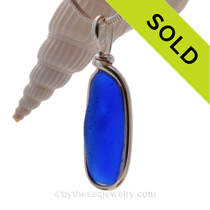 Long Cobalt Blue Sea Glass Pendant In S/S Original Wire Bezel© Pendant