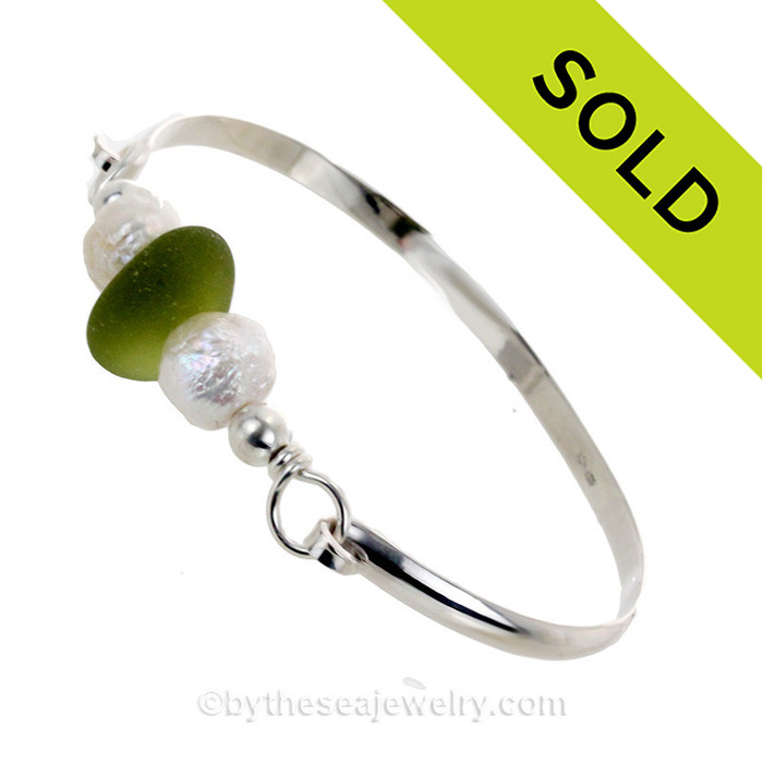 Perfect Lime or Chartreuse Green English Sea Glass combined with real cultured baroque 
pearls on this Solid Sterling Silver Sea Glass Bangle Bracelet.