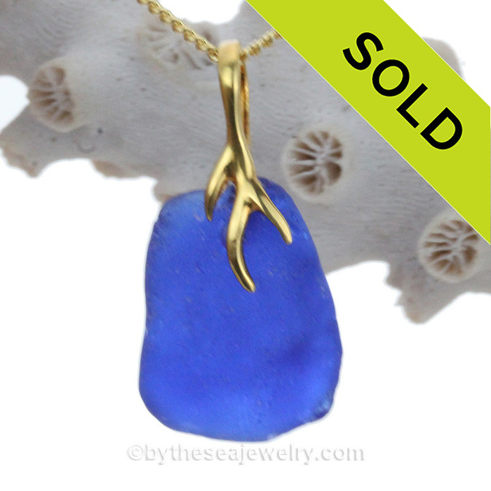 RARE Cobalt Blue Sea Glass Necklace on Vermeil Coral Bail with Chain (18" 14KG/F Chain INCLUDED)