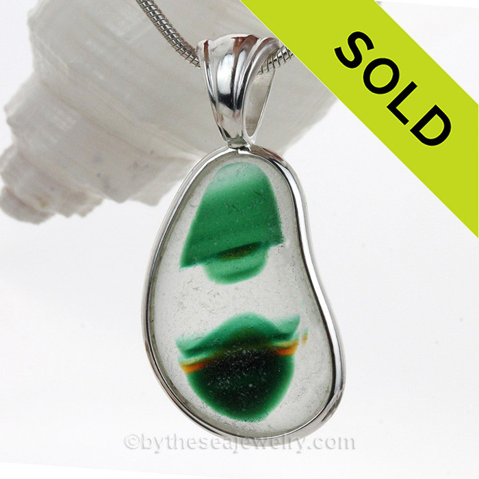 Green and Gold Sea Glass Pendant in Sterling Silver