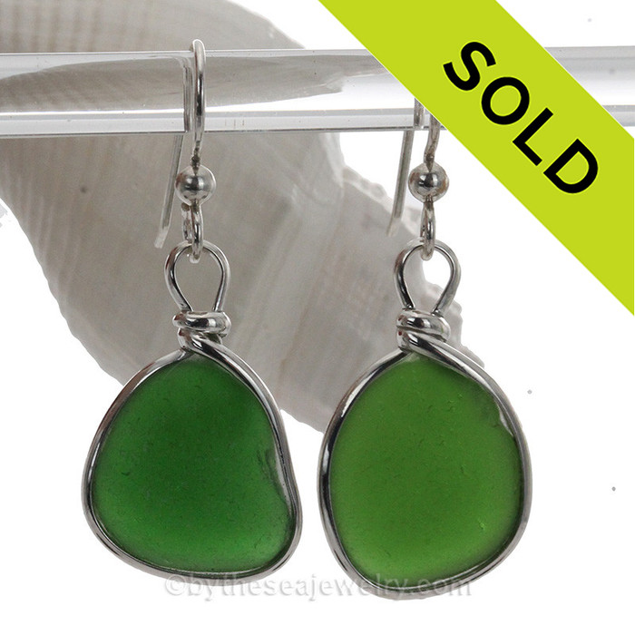 Glowing Green Sea Glass Earrings in Solid Sterling Silver.