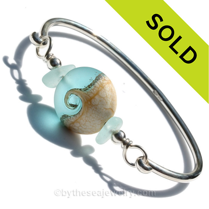 Pale Sea Glass Sterling Premium Bangle Bracelet With Lampwork Wave Bead