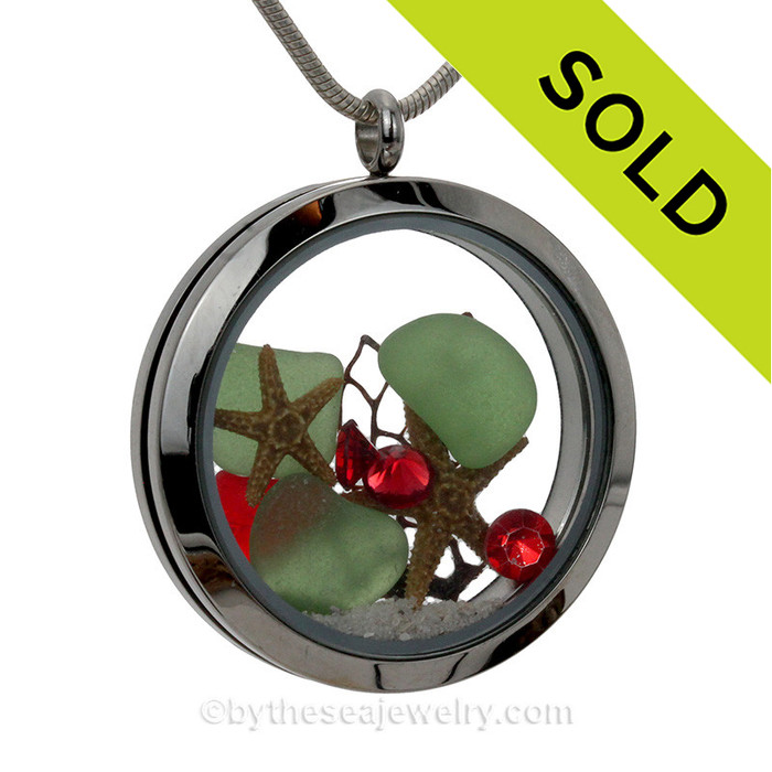 Green sea glass and a real starfish and beach make this a great locket necklace for the holidays.