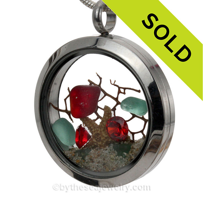 Tropical Holiday -  Real Red and Aqua Sea Glass With Starfish, Red Gems & Real Sand Locket