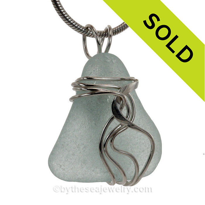 Fresh Seafoam Green Sea Glass In Gold Waves Setting Pendant