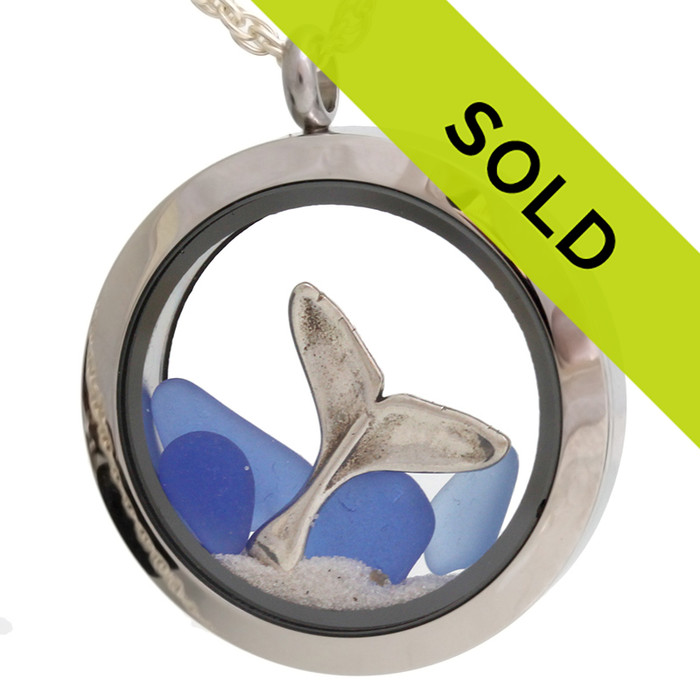 Out Of The Deep Blue Sea -  Genuine Sea Glass Locket With Whale Tale Charm