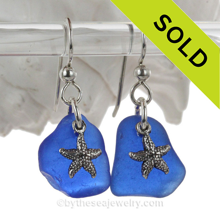Thick Cobalt Blue Sea Glass Earrings On Sterling W/ Starfish Charms