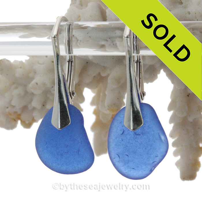 Blue Genuine Sea Glass Earrings On Solid Sterling Silver Leverbacks