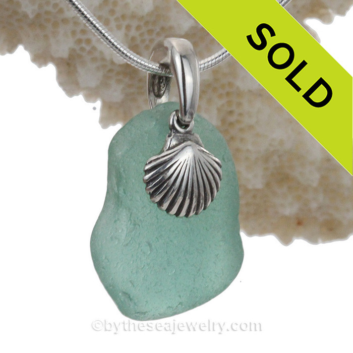 Brilliant Aqua Green Sea Glass With Shell Charm