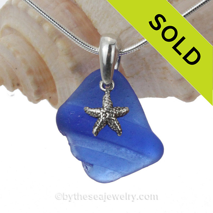Blue Sea Glass Necklace On Sterling Bail With Sterling Silver Starfish Charm 