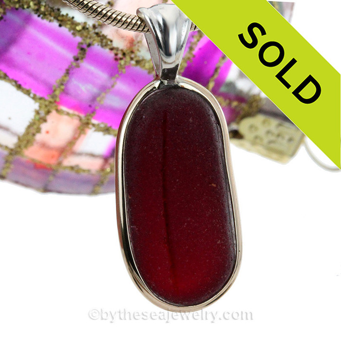 Embossed Deep Red Beach Found Sea Glass Pendant In Tiffany Deluxe Wire Bezel© Gold & Silver Mix