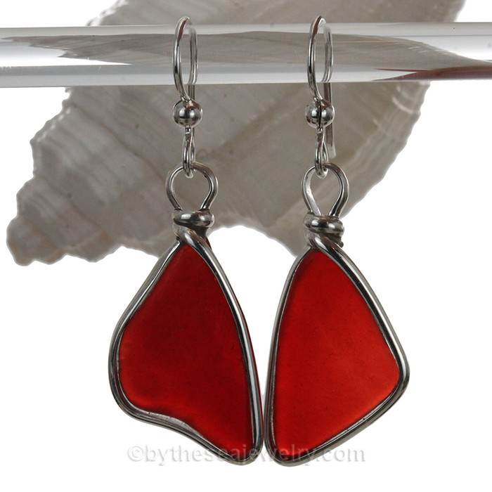 Very Large Genuine Bright Red Beach Found Sea Glass Earrings In Solid Sterling Original Wire Bezel