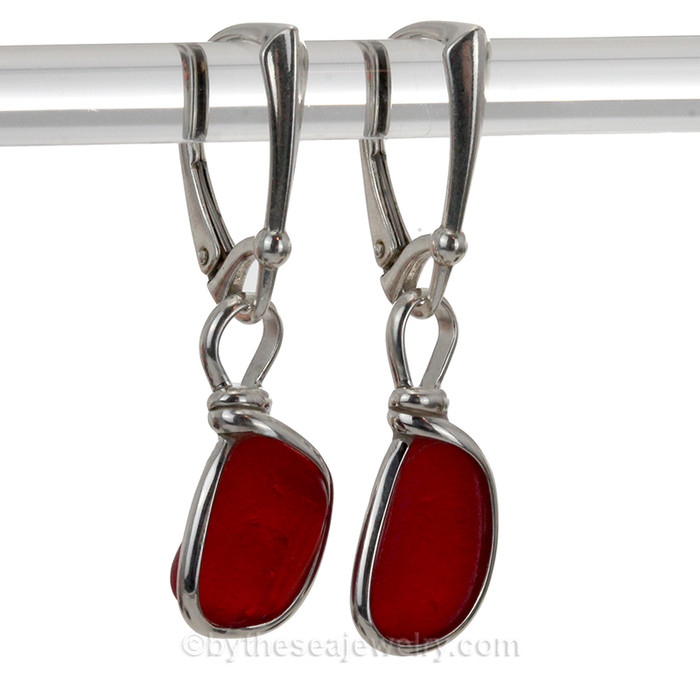 Petite Thick Cherry Red Genuine Sea Glass Earrings In Sterling Silver Wire Bezel©