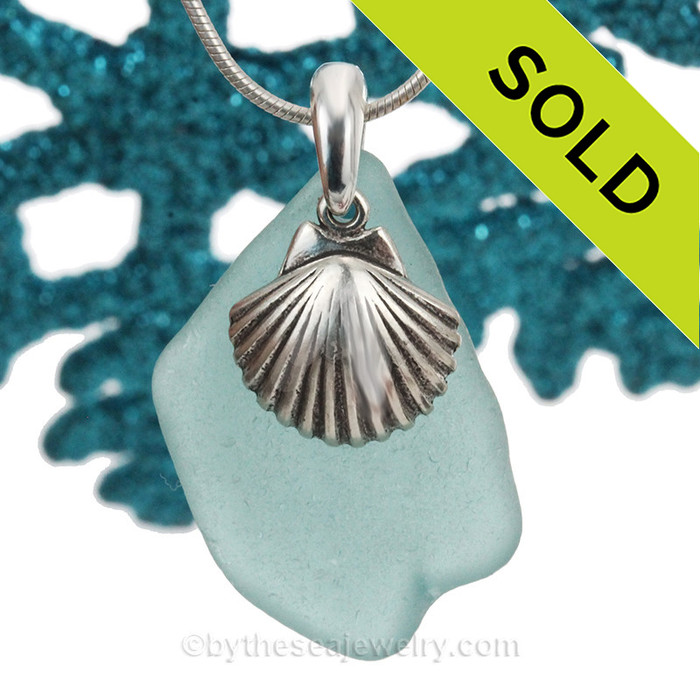 VERY LARGE & VIVID Aqua Blue Sea Glass Necklace W/ LARGE Sterling Shell Charm - S/S CHAIN INCLUDED