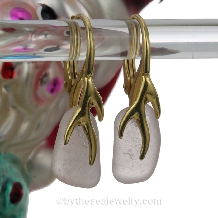 Perfect Pale Peach Depression Era Sea Glass Earrings on 24K Gold Vermeil Leverbacks