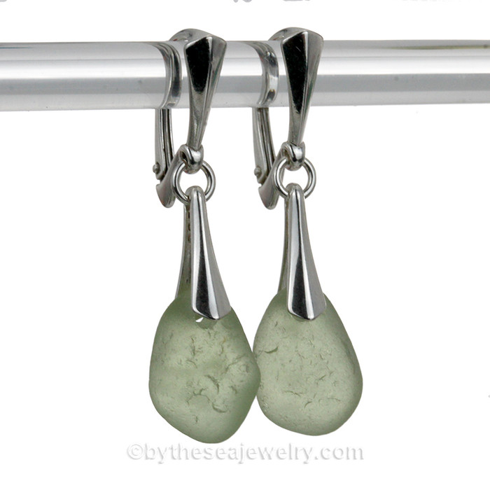 Elegant Dangly Seafoam Green Genuine Sea Glass Sterling Leverback Earrings.