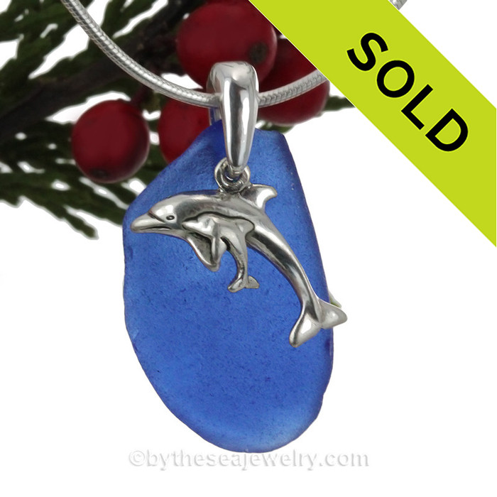 Mother and Child - Rare Cobalt Blue Sea Glass With Sterling Silver Dolphins Charm