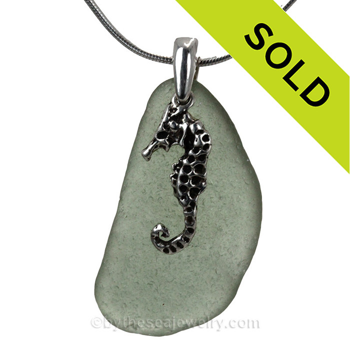 LARGE Peridot Green Sea Green Sea Glass With LARGE Sterling Silver Seahorse Charm 