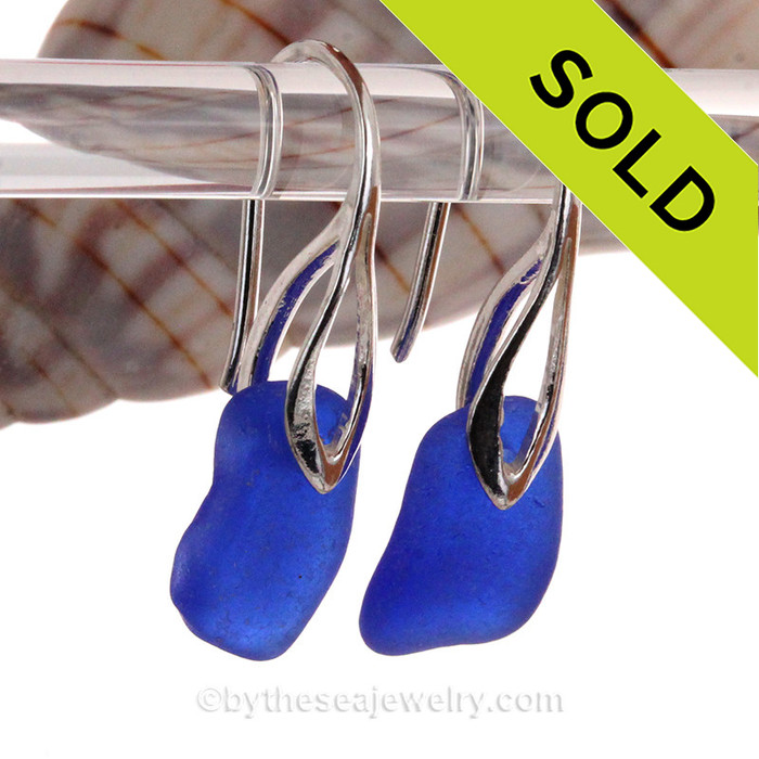 Beach Found Blue Sea Glass Earrings on Solid Sterling Deco Hooks