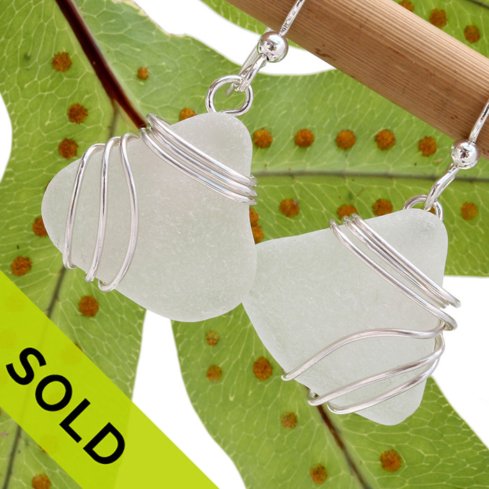  LARGE Pure White Sea Glass Earrings In Triple Slerling