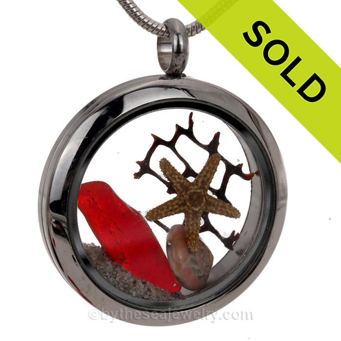 Genuine Red Sea Glass Shard Locket With Starfish, Shell and Beach Sand