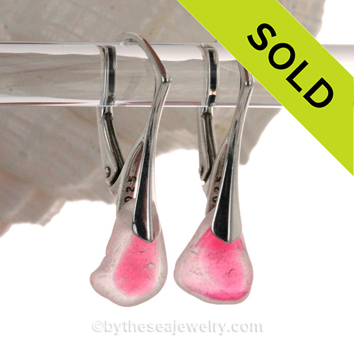 Vivid and VERY RARE Hot Pink Genuine Sea Glass pieces really glow hanging from these Solid Sterling Silver Leverback Earrings.