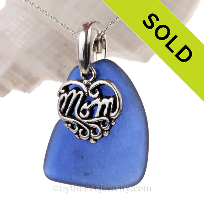 For Mom - Blue Sea Glass Necklace With Sterling Mom Charm - S/S CHAIN INCLUDED