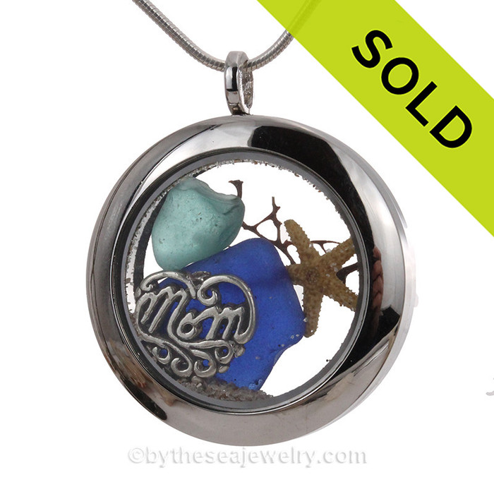 Blue and Aqua Sea Glass Locket With Mom Charm