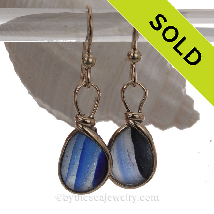 ULTRA RARE Cross Sectioned Mixed Blue English Sea Glass Earrings In 14K Goldfilled Wire Bezel©