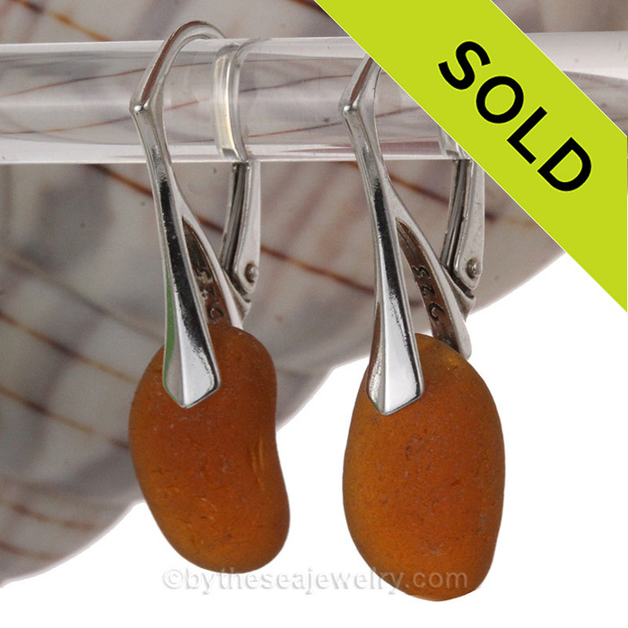 Amber Brown Genuine Sea Glass Earrings On Sterling Silver Leverbacks