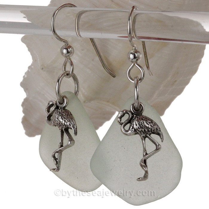 LARGE Seafoam Green Sea Glass Earrings On Sterling W/ Flamingo Charms 