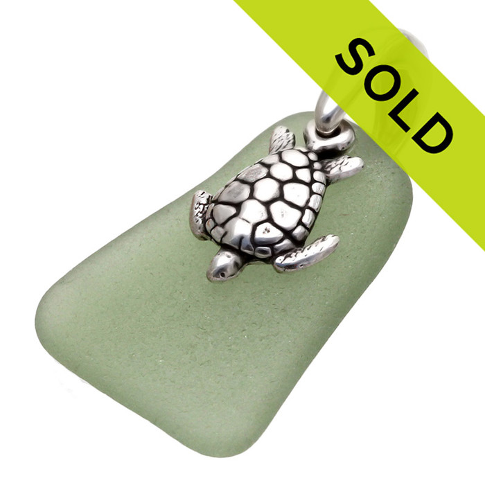 Seaweed Green Genuine Sea Glass Pendant With Sea Turtle