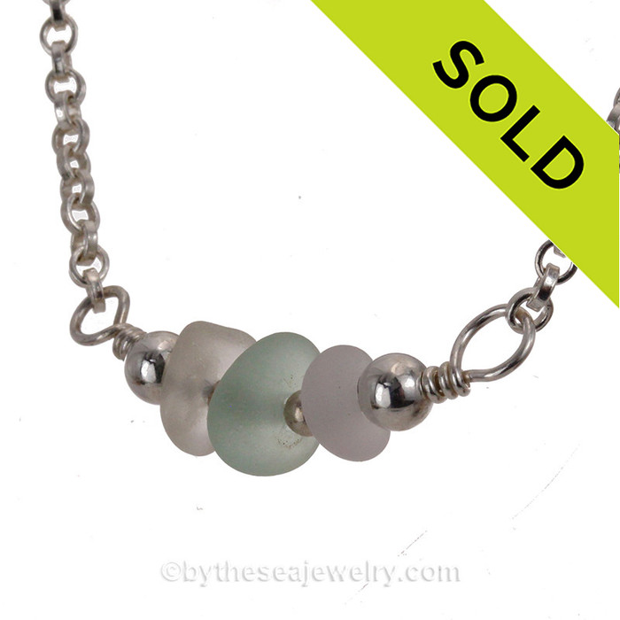 Simply Sea Glass - Trio of Seafoam and White Sea Glass Necklace with on Solid Sterling Silver